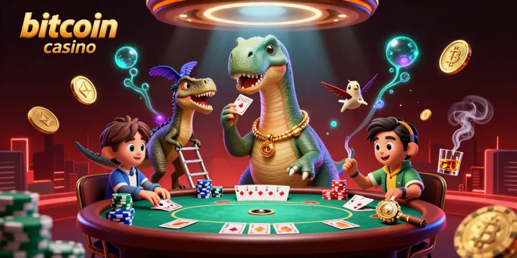 Experience the fun of a bitcoin casino with a whimsical 3D illustration featuring a brontosaurus and a clever raptor.