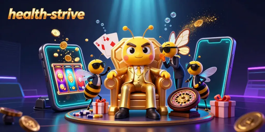 Permainan spin slot kasino di health-strive dengan elemen menarik seperti koin emas dan kartu bermain.