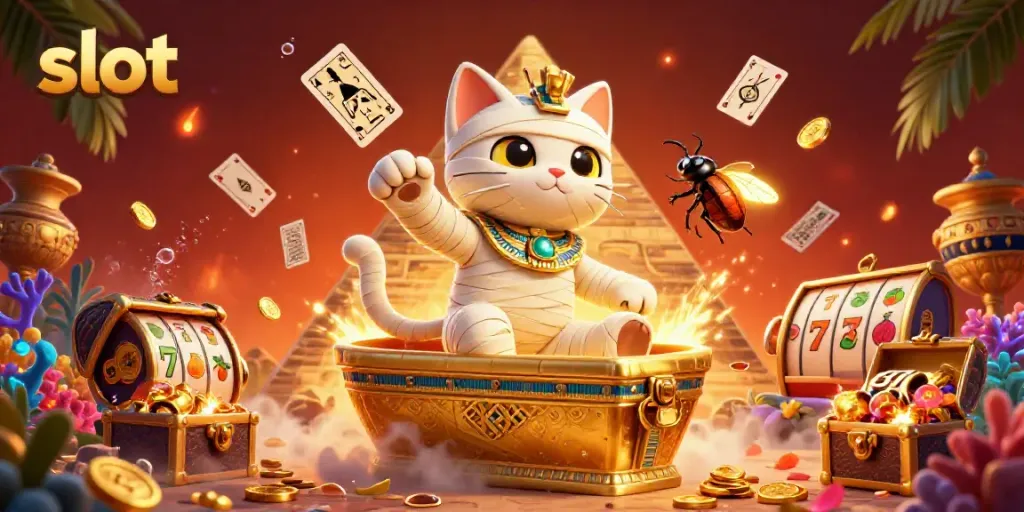 Menangkan jackpot di slot dengan mumi kucing dan simbol bertema kasino yang berkilauan.