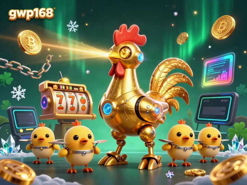 GWP168 menghadirkan ilustrasi menarik dengan karakter robot unggas emas dan simbol permainan yang berkilau.