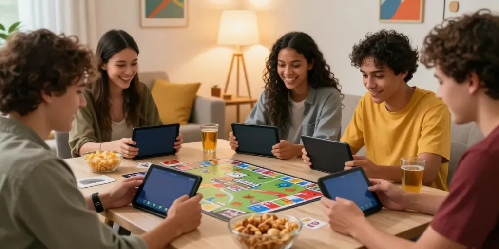 Friends enjoying Rumble Rummy on smartphones in a cozy living room.