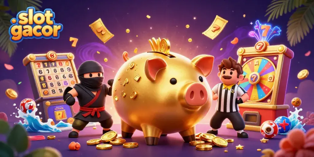 Spin to win with slot gacor featuring cartoon piggy bank, ninja, samurai, and dynamic slots.