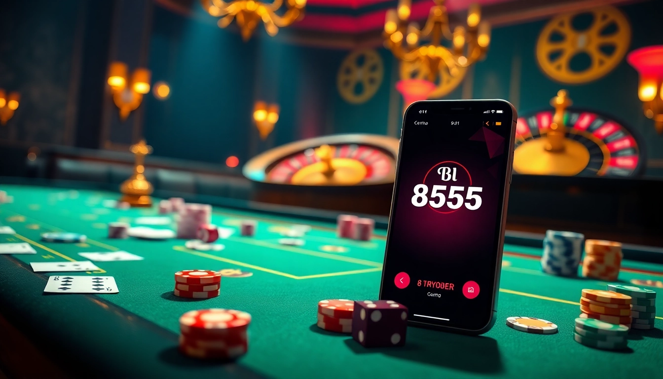 Experience the excitement of Bl555 online gambling with a dynamic casino scene featuring tables and mobile betting.