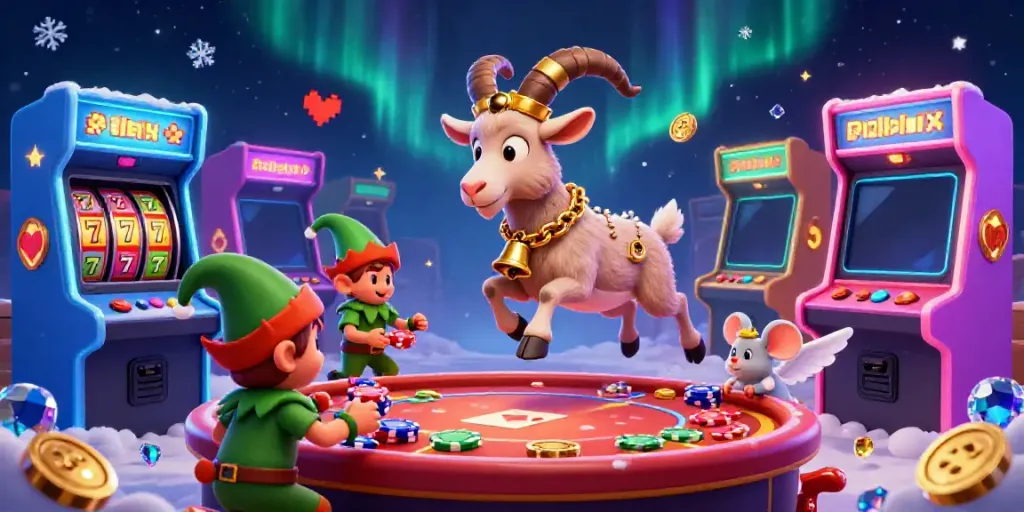 Engaging slot machine scene with Krampus goat, angel mouse, and elf gremlins amidst vibrant casino visuals.