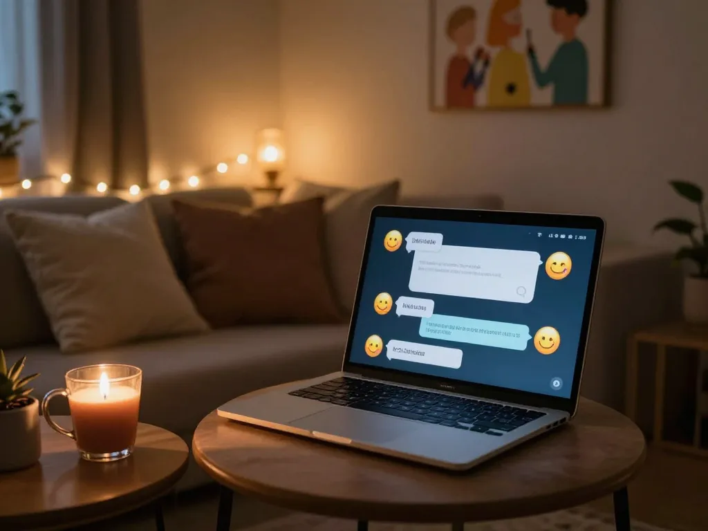 Cozy private setting for engaging NSFW chat with laptop and warm lighting.