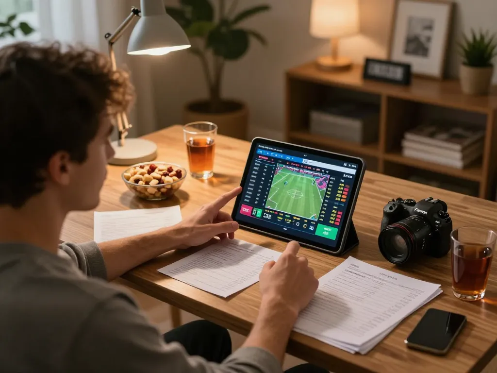 77WIN betting enthusiast analyzing odds in a cozy home office during online gaming session.