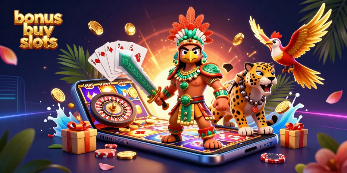 Experience the thrill of bonus buy slots with colorful game elements and characters in a vibrant 3D casino illustration.