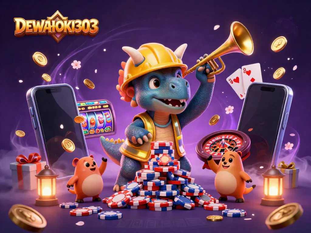 Mengakses DEWAHOKI303 dengan simbol kasino, jackpot, dan permainan menarik dalam ilustrasi 3D