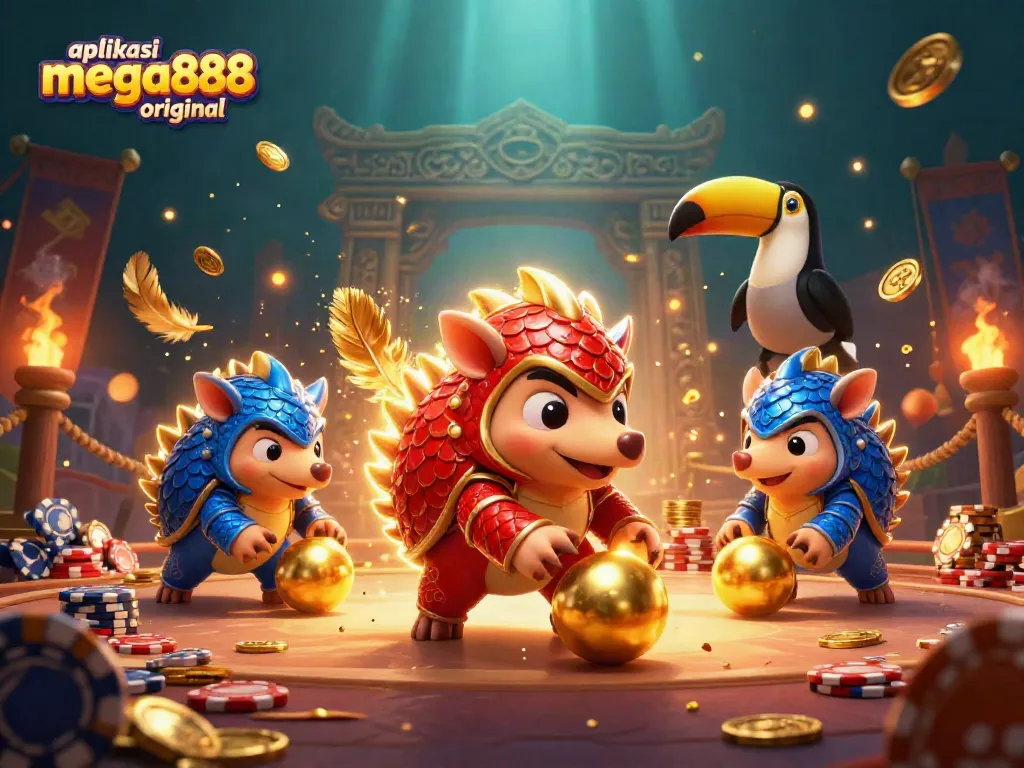 Engage with the aplikasi mega888 original through a lively 3D scene featuring pangolins, poker chips, and vibrant casino elements.
