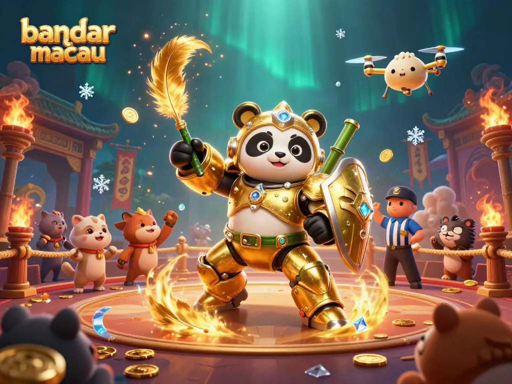 Menangkan taruhan di bandar toto macau dengan panda emas dan robot dalam arena judi yang meriah.