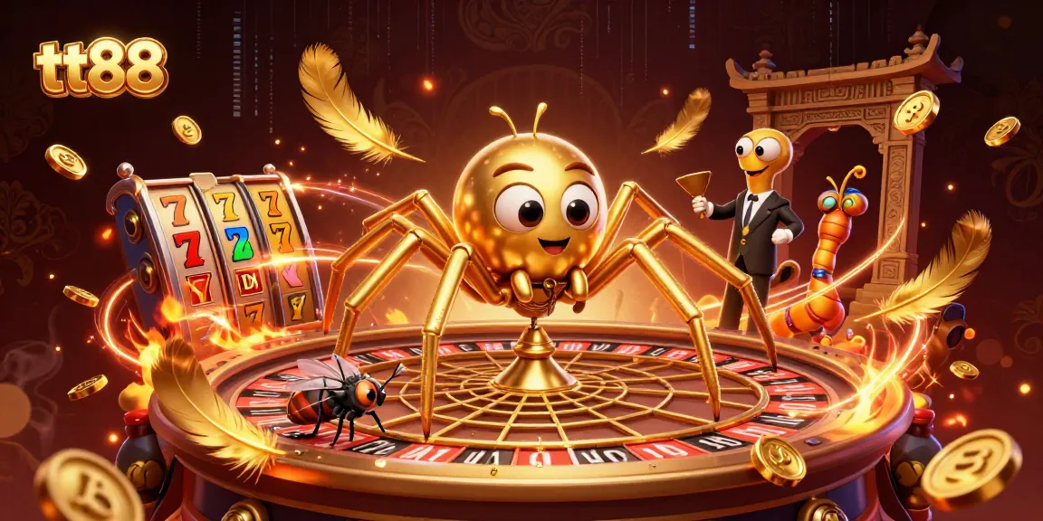 Bet on tt88 with an engaging illustration of a spider, fly, and centipede showcasing high-stakes casino elements.