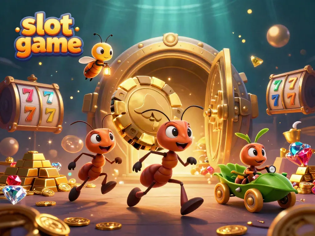 Engaging 3D scene showcasing a slot game adventure with cartoon ants and treasures