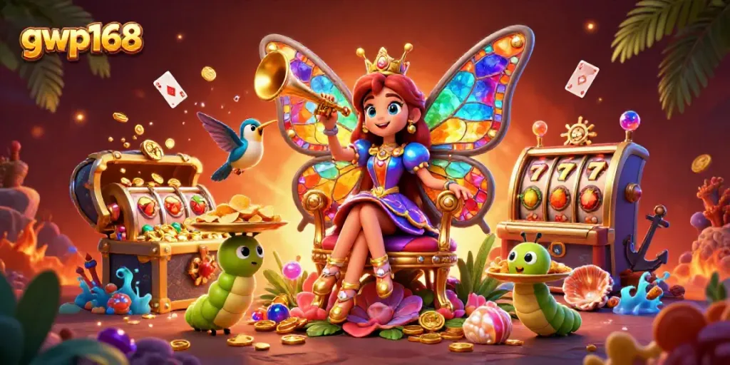 GWP168 menampilkan ratu kupu-kupu 3D berwarna dengan elemen kasino dan gambar slot yang kaya untuk permainan menarik.
