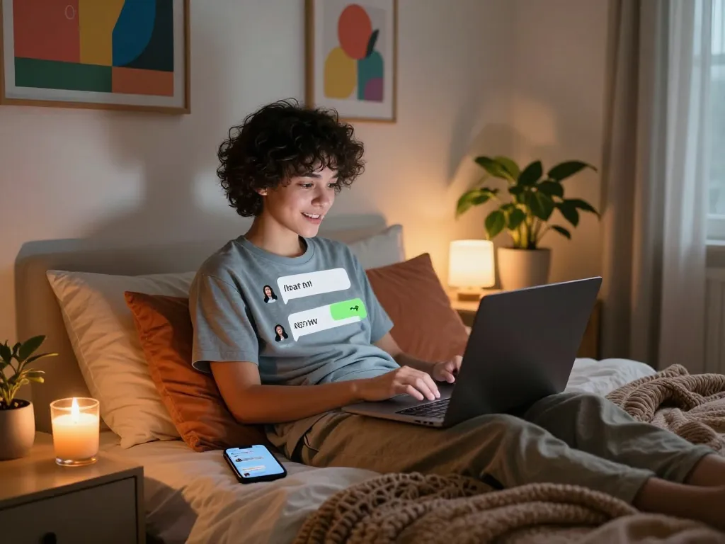 Engaging NSFW AI chat in a cozy bedroom, stylish decor and ambient lighting.