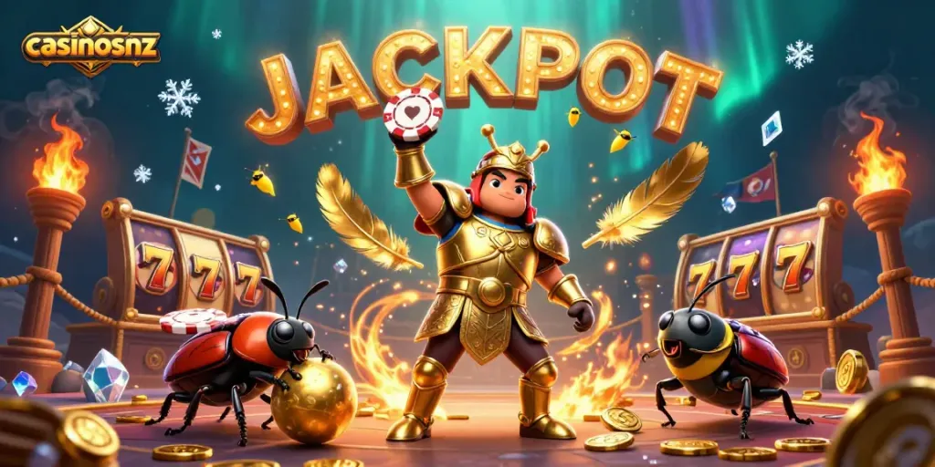 Experience casinosnz excitement with jackpot wins in a vibrant 3D illustration of a heroic scene.