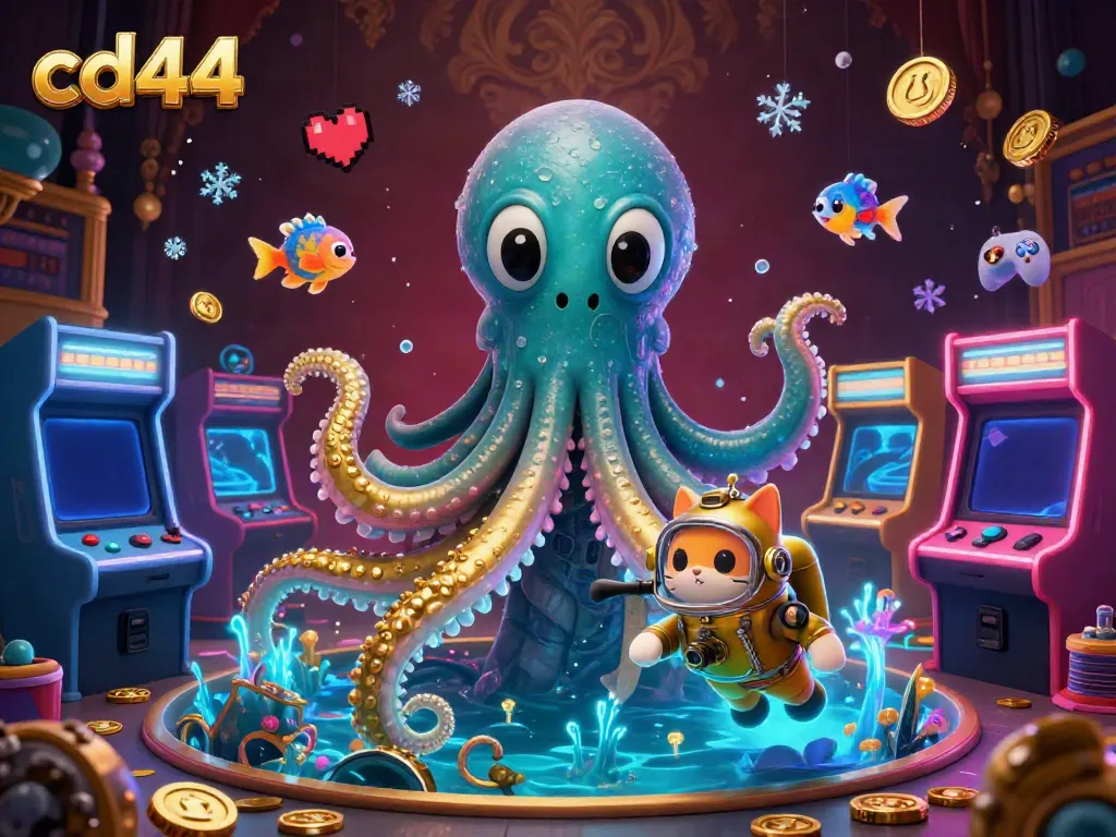 Engage with the dynamic world of cd44 featuring a vibrant kraken, diving cat, and glowing arcade elements.