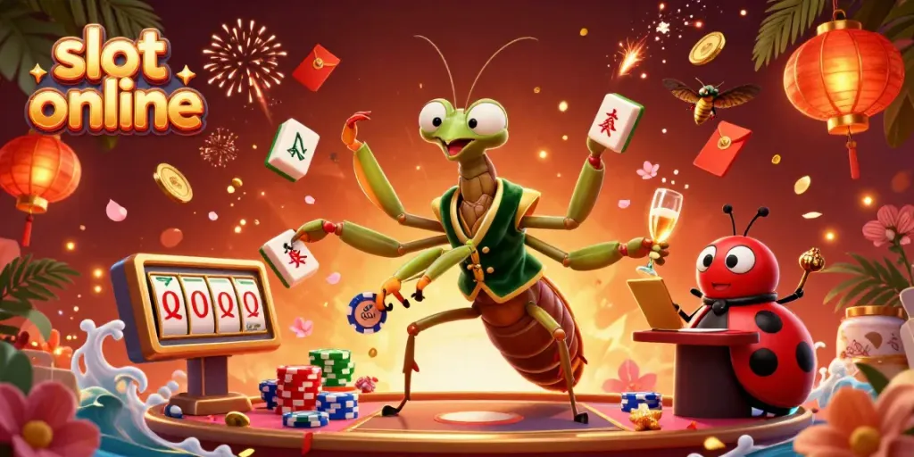 Experience the excitement of slot online gaming in this vibrant 3D illustration featuring dynamic characters and game elements.
