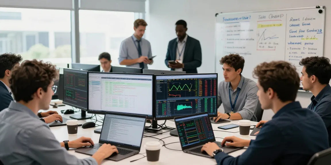 Perdagangan properti dengan kakakjudi, trader berdiskusi tentang strategi di ruang modern.