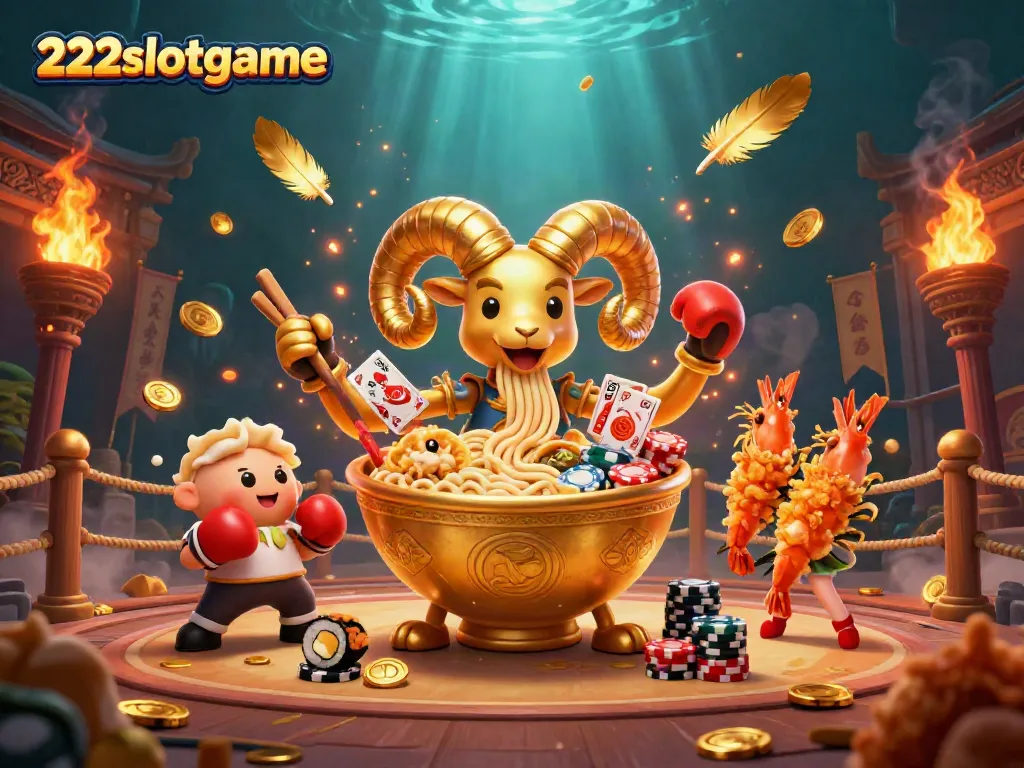 Gambar ilustrasi 222slotgame dengan karakter unik yang menyajikan permainan slot dan kebahagiaan menghibur pemain.