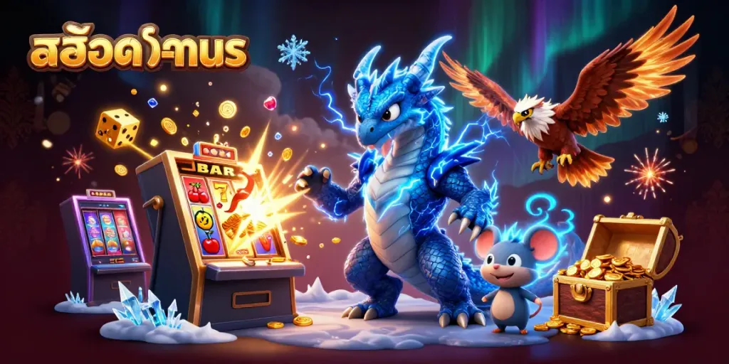 Play สล็อตทดลอง easily with our vibrant 3D illustration showcasing thrilling slot games and wins.
