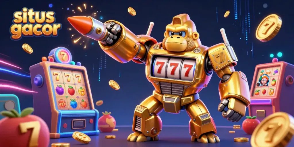 Gorila emas transformer beraksi di situs gacor sambil mengeluarkan koin dan simbol jackpot