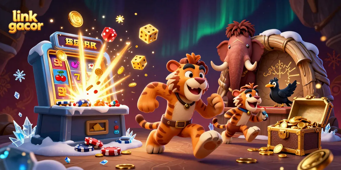 Experience the excitement of link gacor in a vivid 3D prehistoric casino scene bursting with action.