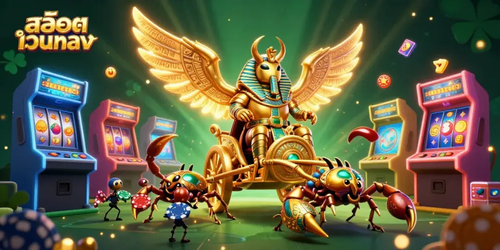 Win big with สล็อตเว็บตรง as the colossal scarab beetle leads a vibrant casino scene.