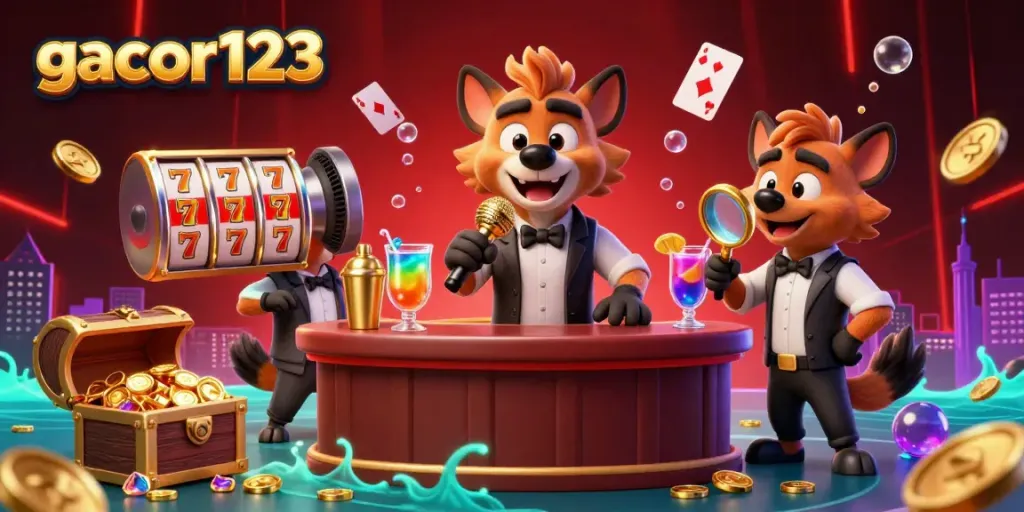 Hyenas showcase fun with gacor123 in a vibrant casino scene filled with gaming elements.