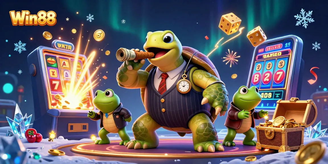 Win88 showcases a thrilling casino scene with a snapping turtle mobster and dynamic slot elements.