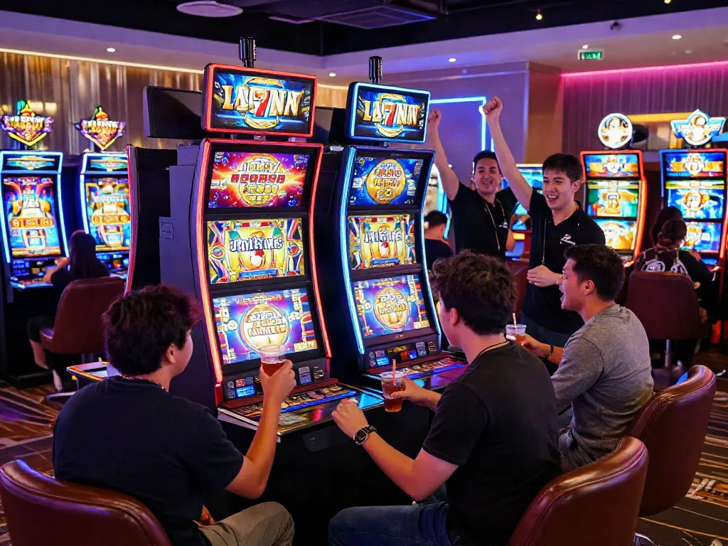Lucky777 slot machine in a vibrant casino gaming lounge with players enjoying the atmosphere.