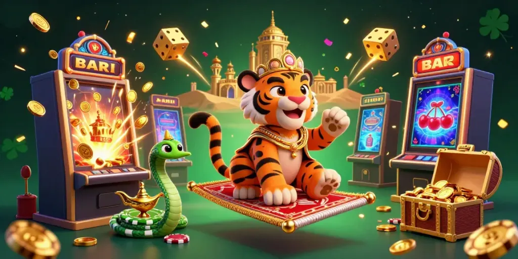 Slot777 mempersembahkan ilustrasi 3D dari sultan harimau dan jackpot.