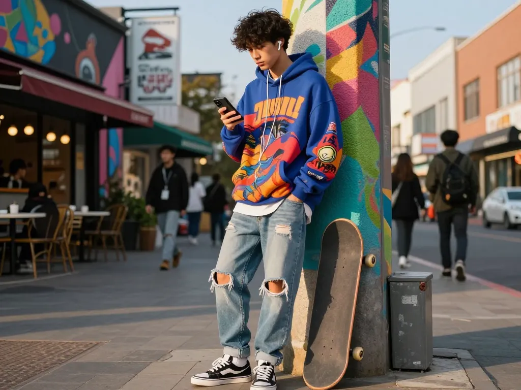 Youth showcasing street fashion at https://lode884.co.com/ in vibrant urban setting, highlighting trendy outfit and lifestyle.