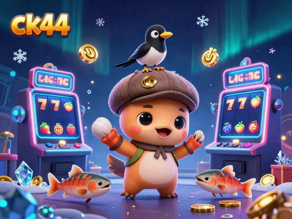 Spin the reels with ck44's vibrant gaming scene featuring animated characters and casino elements!