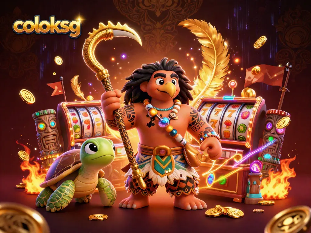 Permainan slot gacor di coloksg, dengan elemen menarik dan karakter menarik seperti dewa setengah, kura-kura, dan harta karun.