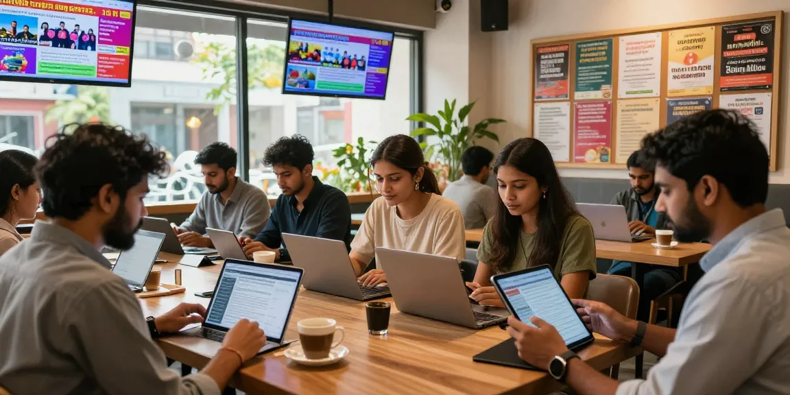 Readers engaged with articles on https://www.theindaily.com about Indian culture and politics in a vibrant cafe.