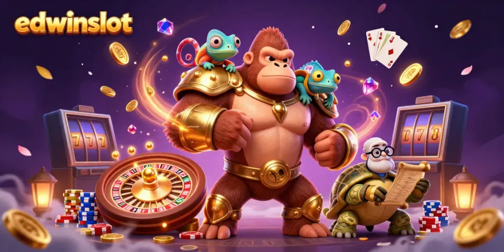 Experience the excitement of edwinslot with a vibrant 3D casino illustration showcasing a gorilla king and friends.