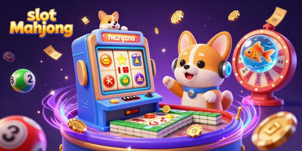 Experience thrilling slot mahjong action with floating corgi and vibrant casino elements.