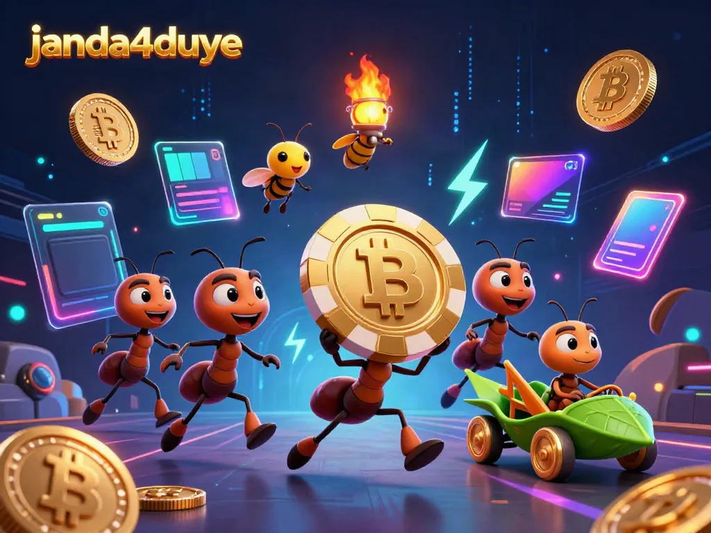 JANDA4DUYE menawarkan permainan kasino menarik dengan chip poker emas dan karakter lucu dalam ilustrasi 3D.