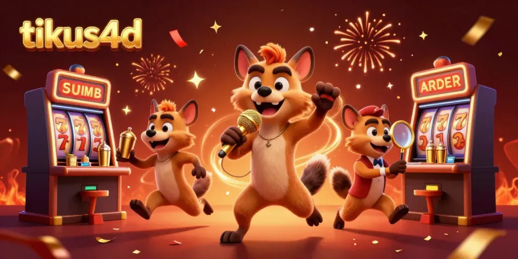 Engage with tikus4d at a vibrant casino scene with hyenas in action, featuring slots and exciting elements.