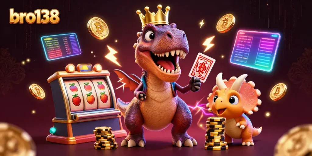 Experience thrilling wins with bro138 at this vibrant casino scene featuring cute dinosaur characters.