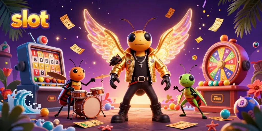 Engage with lively slot entertainment featuring a cicada rock star and vibrant gaming elements.