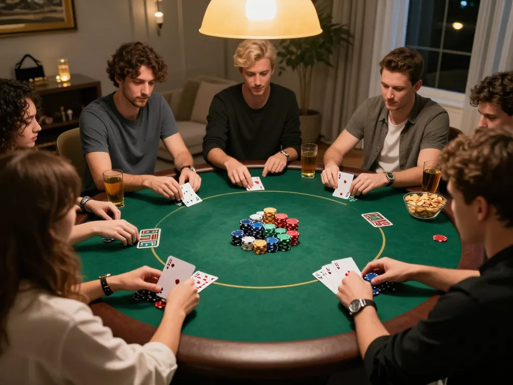 Engaging poker gameplay with friends in a cozy setting, showcasing strategic decision-making atmosphere.