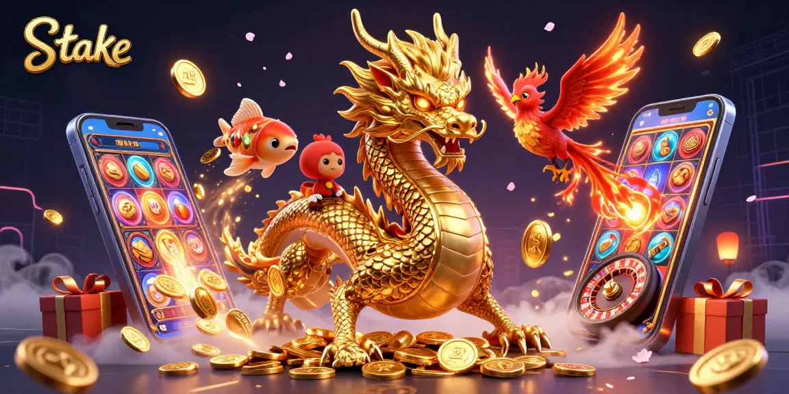 Engage with Stake's dragon, phoenix, and koi fish among colorful slots and coins in a vibrant casino scene.
