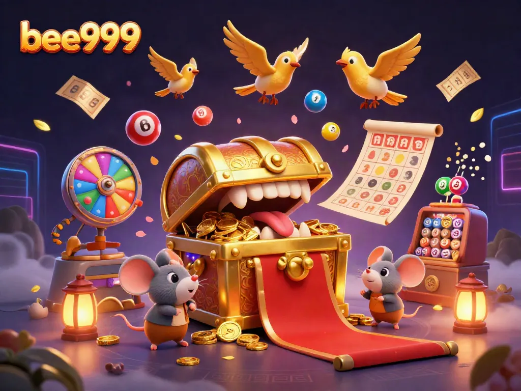 Engage in thrilling gameplay at bee999 with dynamic lottery balls, colorful tickets, and captivating casino elements.