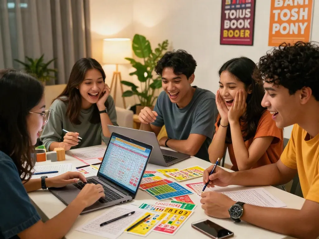 Teman-teman berdiskusi strategi togel dengan tiket dan hasil di meja.