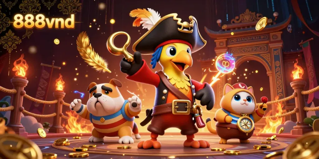 Engage with the colorful world of 888vnd through this vibrant 3D illustration featuring a pirate, bulldog, and cat in a casino scene.