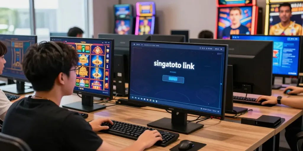 Engaged players at home during online gaming with the singatoto link featured prominently.