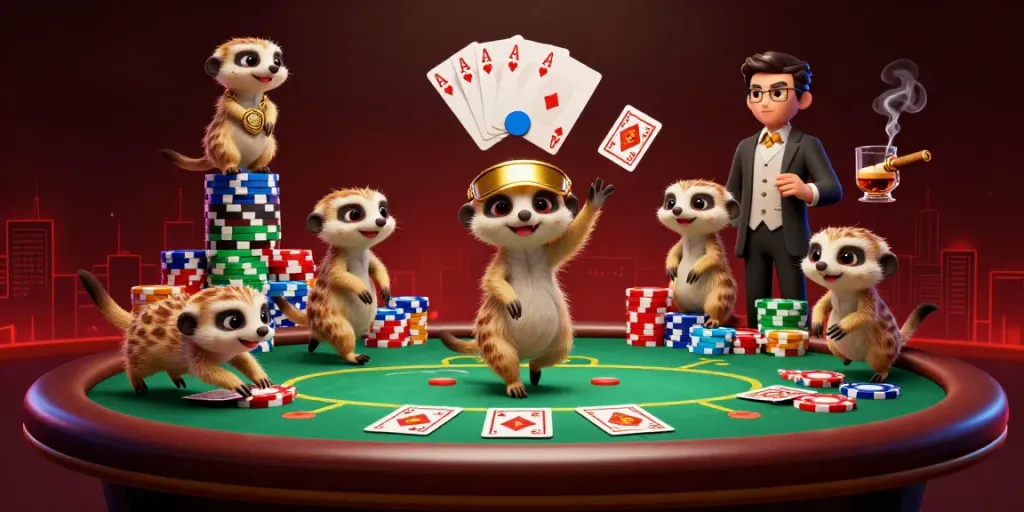 Meerkats operating a lively casino scene with poker chips and cards, highlighting toto togel excitement.