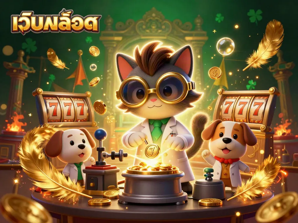 Experience the thrill of เว็บสล็อต with a mad scientist cat creating winning gold coins in a dynamic casino setting.