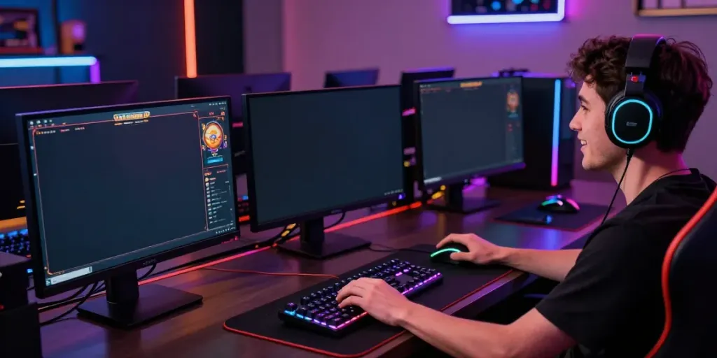 A dynamic gaming scene illustrating an akunjp player engaged with vibrant slot games on multiple screens, showcasing an exciting atmosphere.